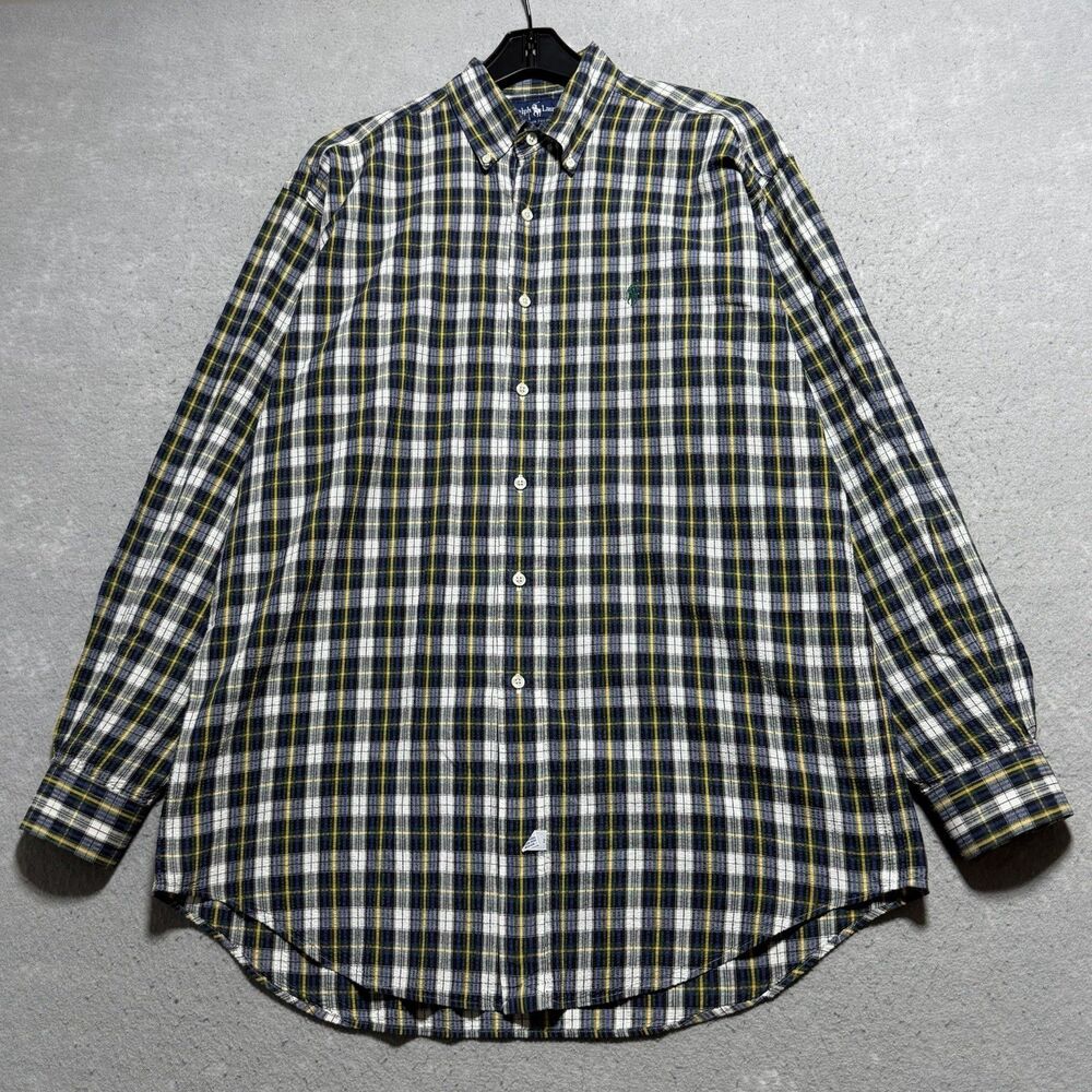 Ralph Lauren Button Down Shirt Medium Plaid Long Sleeve Textured 100% Cotton